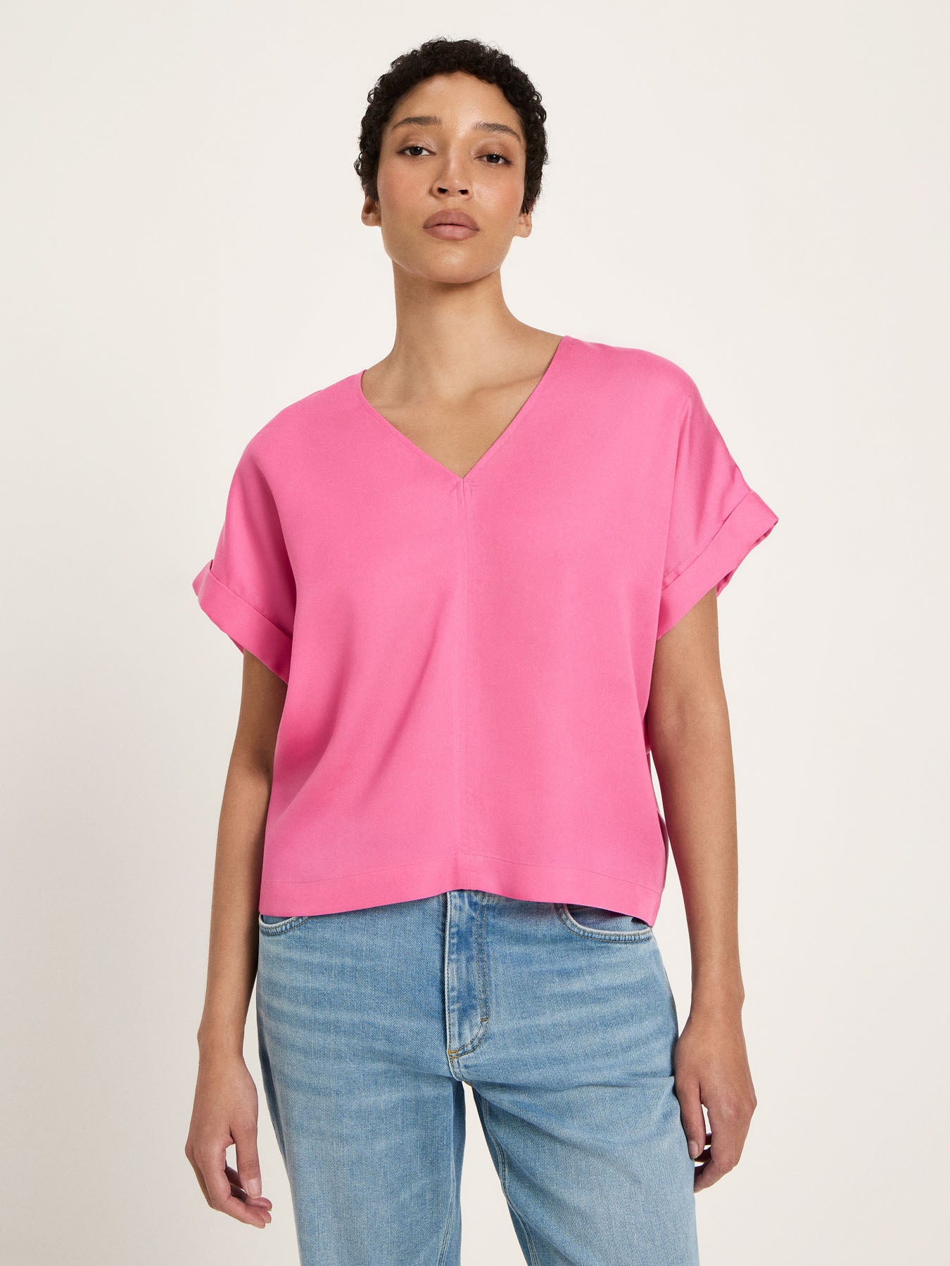 Draped V-Neck Top - Orchid Pink by LANIUS — fair fashion in organic materials, front view