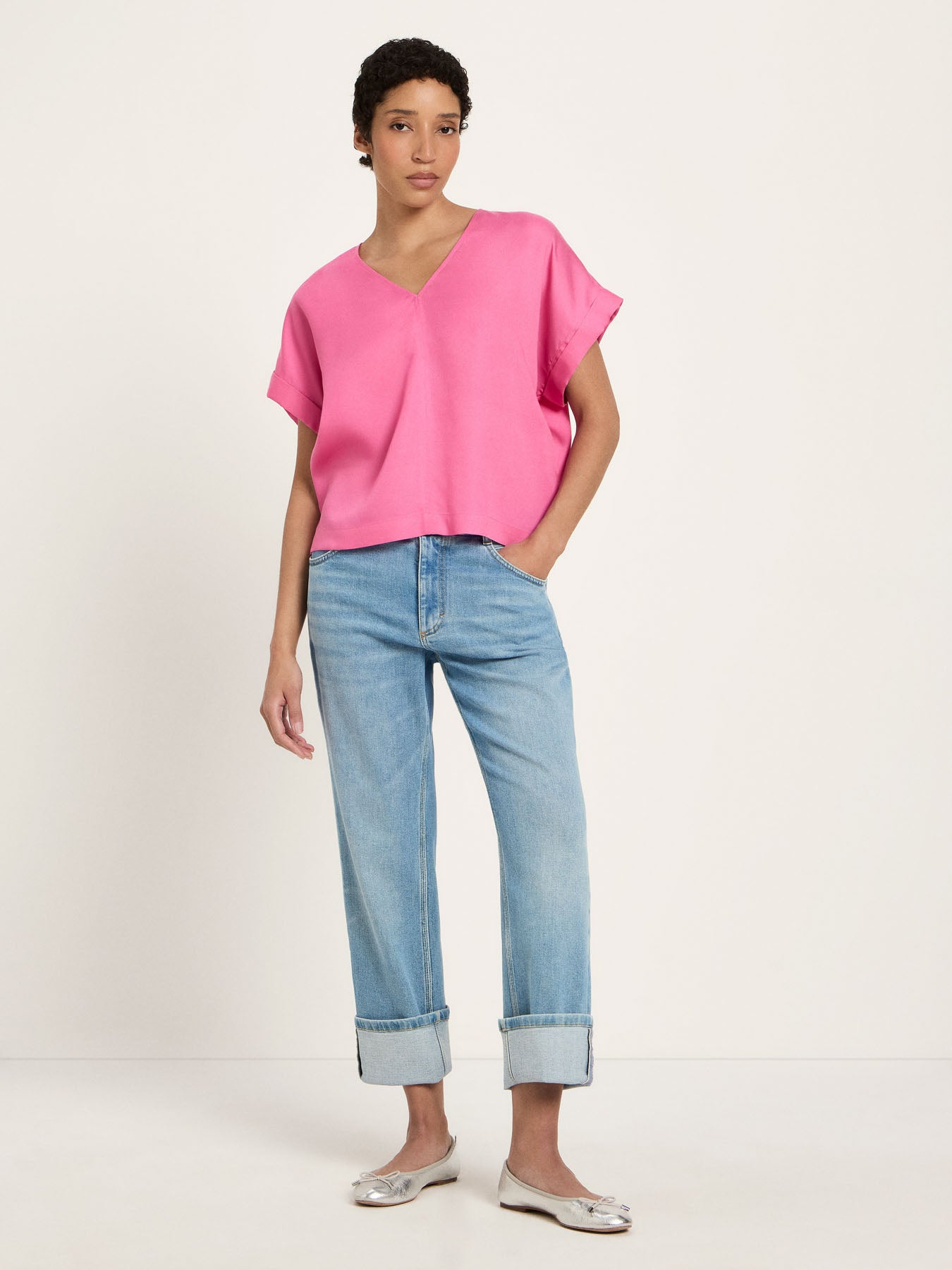Draped V-Neck Top - Orchid Pink by LANIUS — fair fashion in organic materials, view 3