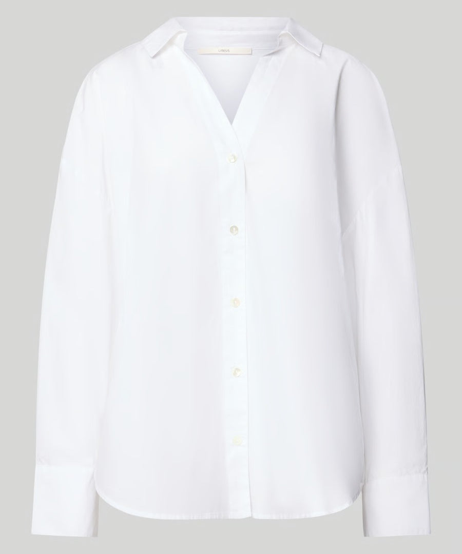 Lanius oversized white shirt showing the collar and button details