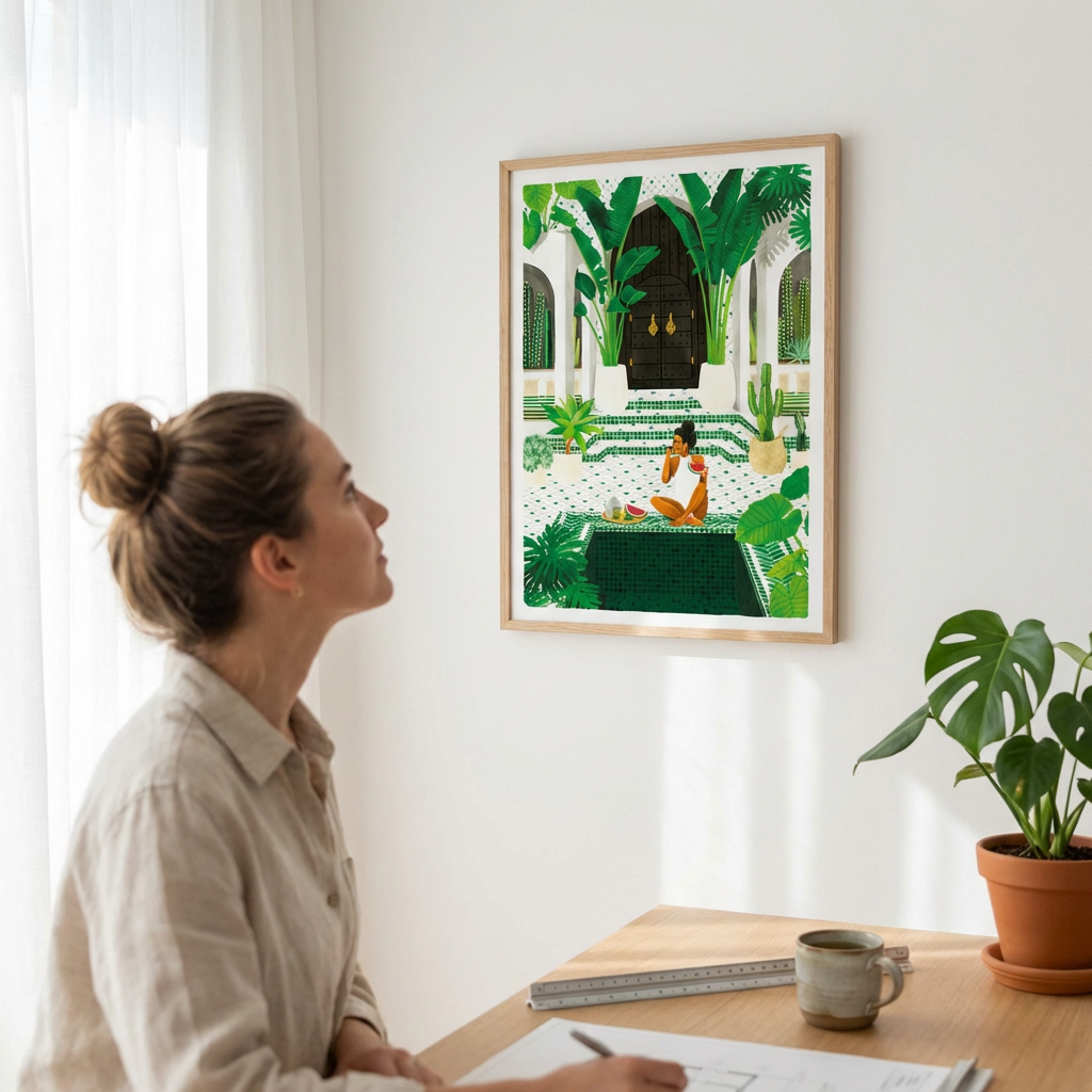Woman at a desk looking at the Medina Oasis Moroccan riad poster in a wood frame on a white wall.