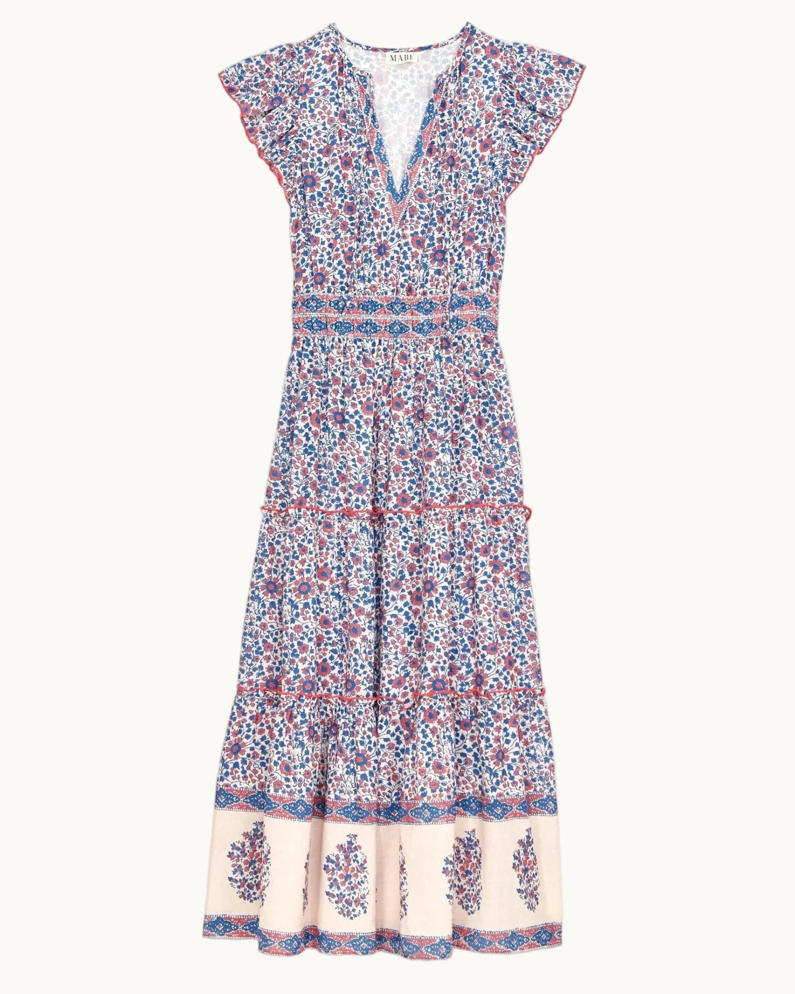 Mabe Apparel Della maxi dress in blue and pink Thai-inspired floral print cotton with a V-neck.