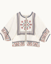Mabe Apparel ecru cotton jacket featuring red and navy floral embroidery with wide puff sleeves.