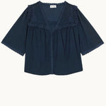 Mabe Apparel navy blue cotton dobby blouse with floral embroidery and lace trim details.