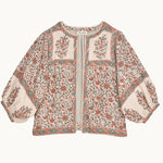 Mabe Apparel printed cotton jacket with puff sleeves in a coral red and olive green floral pattern.
