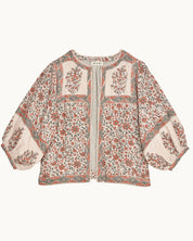 Mabe Apparel printed cotton jacket with puff sleeves in a coral red and olive green floral pattern.