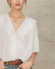 Close-up of white lace cotton blouse by Mabe Apparel featuring lace trim and V-neckline.