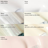 Comparison of Manucurist white nail polish shades, including Snow, a crisp white