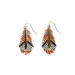 Mayana Designs handwoven feather earrings in aqua and rust, crafted from Miyuki beads with gold-plated ear wires