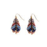 Statement earrings with a bird feather-inspired design, woven with fine glass beads in blue and brown hue