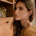 Close-up of a woman styling Mayana Designs artisan-crafted feather earrings in turquoise and orange highlighting their intricate beadwork
