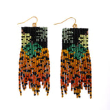 Mayana Designs Beaded Handwoven Jaguar Fringe Earrings featuring iridescent beads and jaguar print fringe