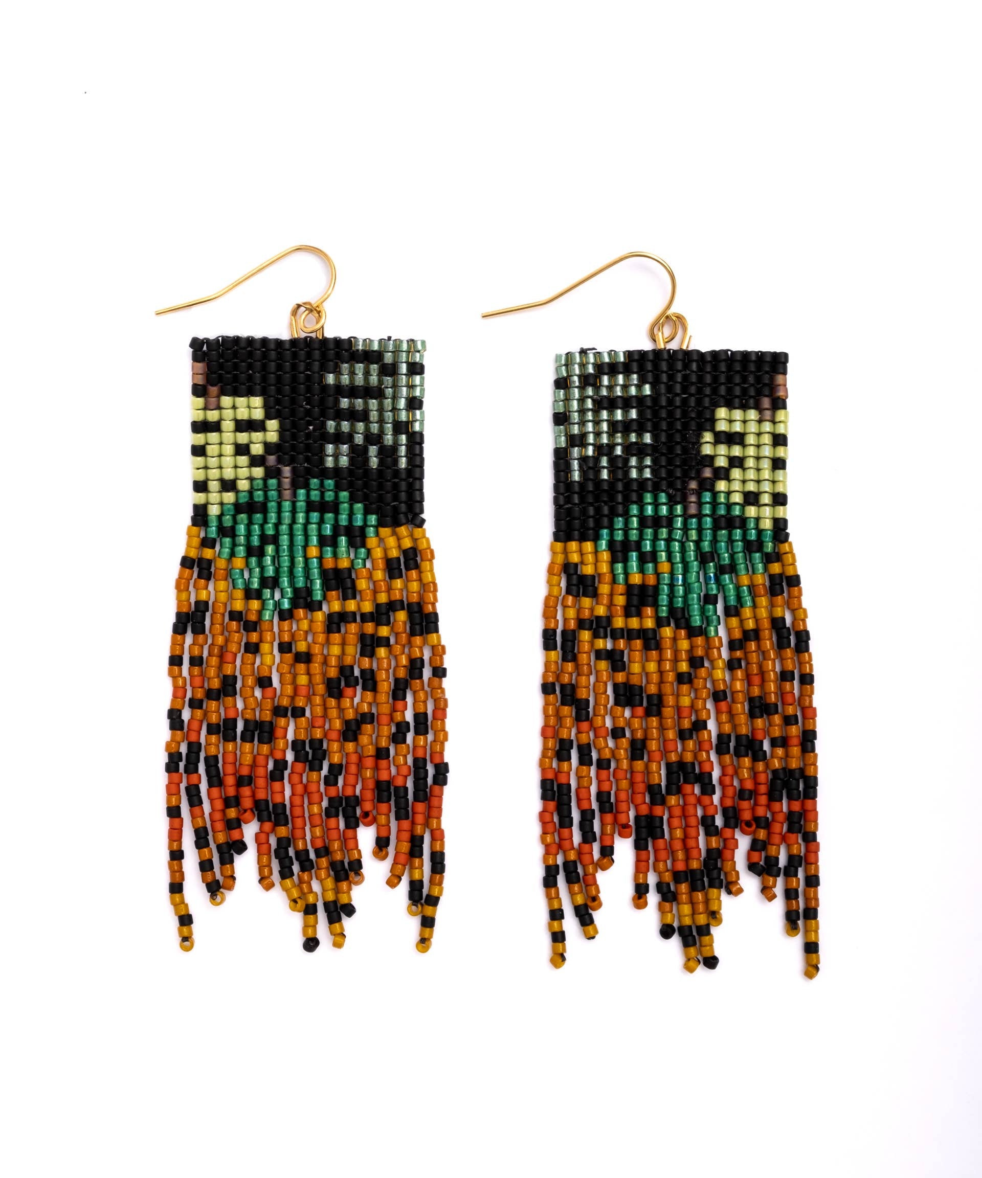 Mayana Designs Beaded Handwoven Jaguar Fringe Earrings featuring iridescent beads and jaguar print fringe