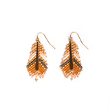 Elegant peach and tan beaded feather earrings with subtle gold details, ethically crafted by women artisans for Mayana Designs