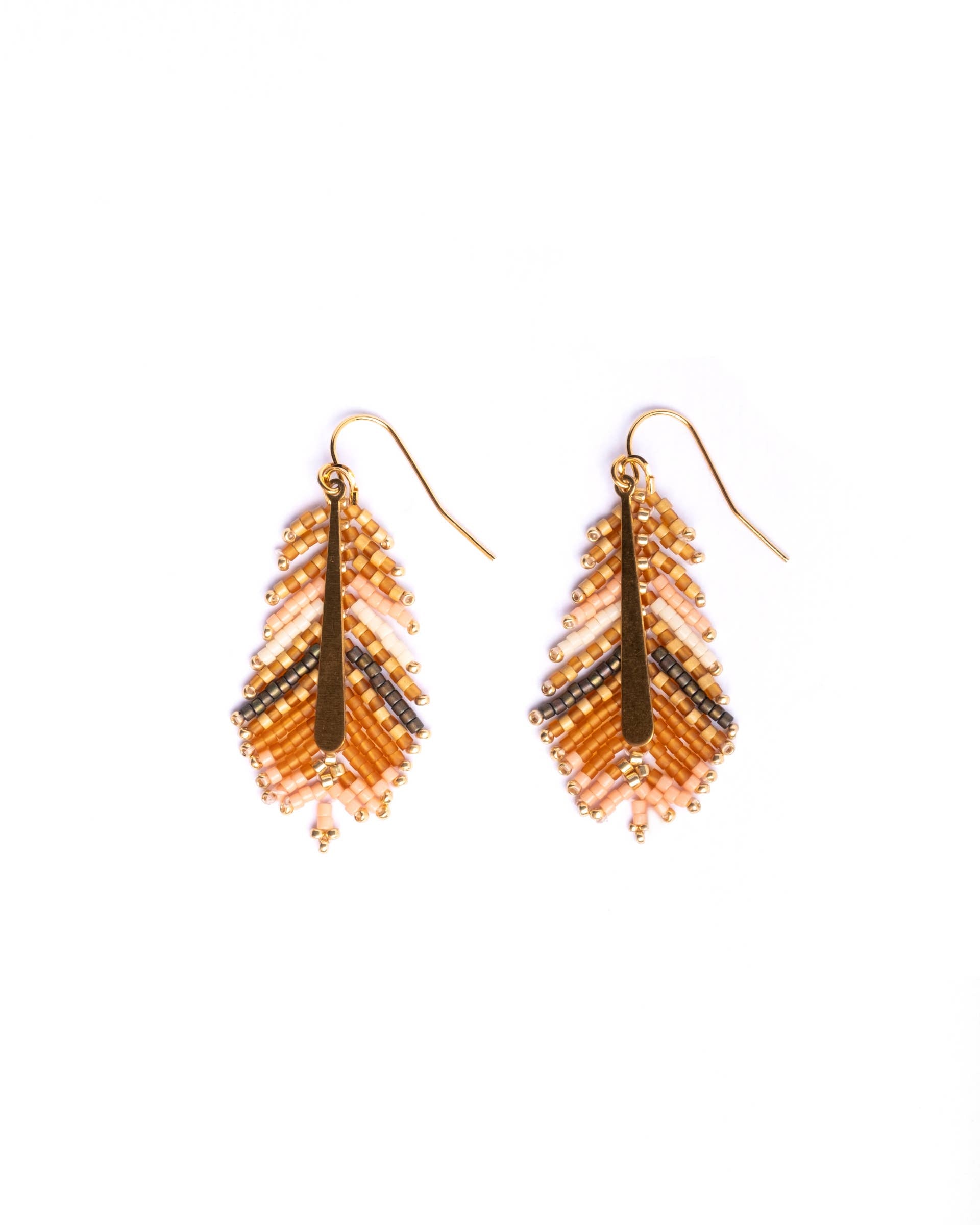 Elegant peach and tan beaded feather earrings with subtle gold details, ethically crafted by women artisans for Mayana Designs