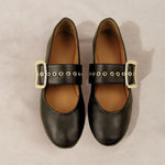 MICUIR Danseur de Roche black Mary Jane flats seen from above, gold eyelets and buckle