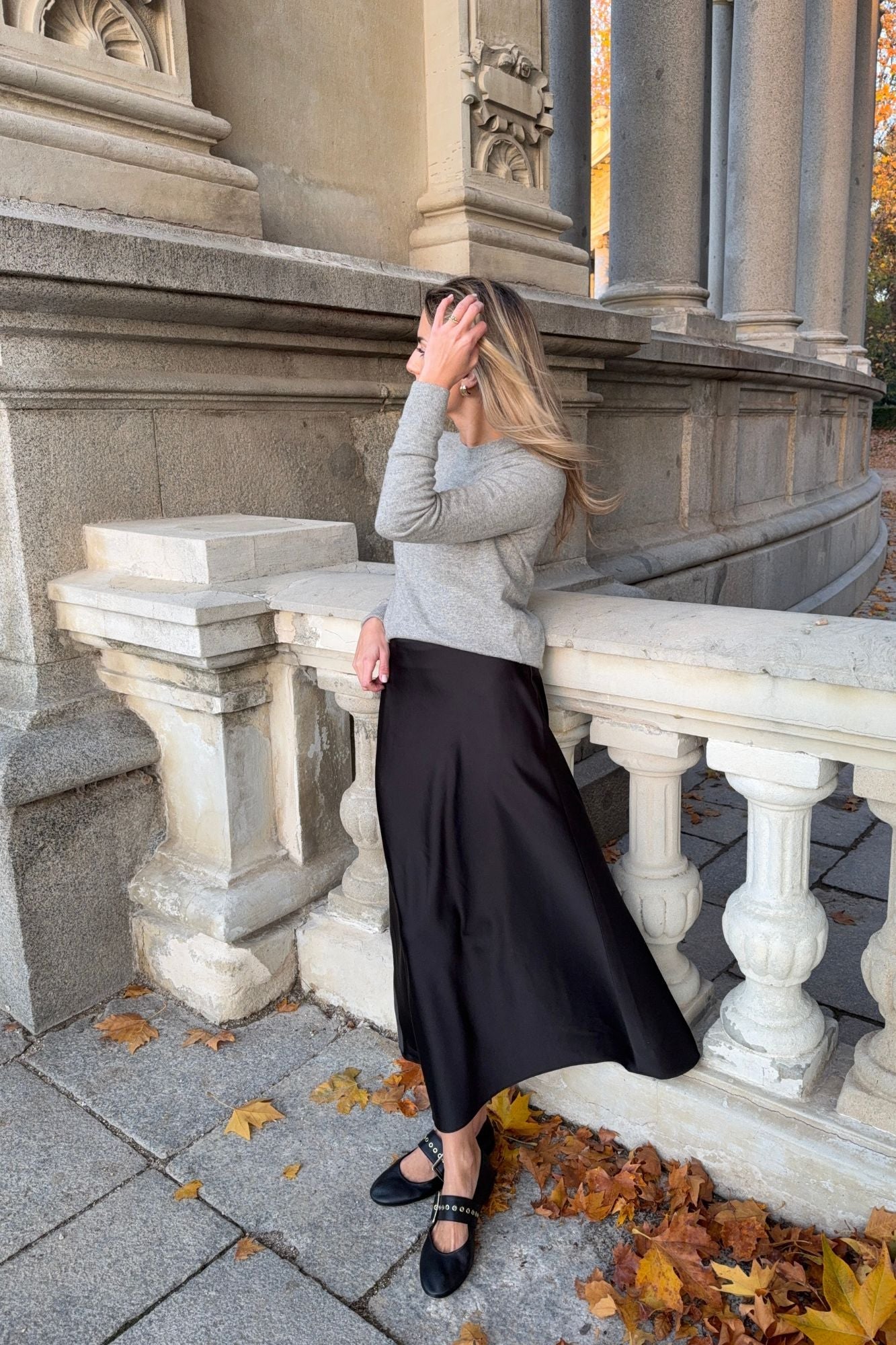 MICUIR Danseur de Roche black Mary Jane flat worn with a long satin skirt