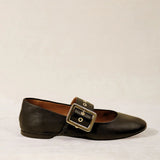 MICUIR Danseur de Roche black leather Mary Jane flat with gold-plated buckle, side view