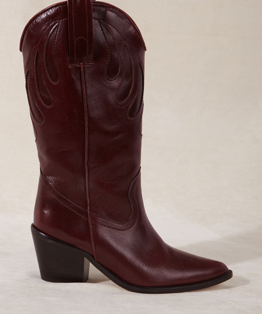 MICUIR Mestizo burgundy leather cowboy boot, side view with tone-on-tone embroidery