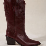 MICUIR Mestizo burgundy leather cowboy boot, side view with tone-on-tone embroidery