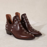 MICUIR Punky ankle boots in chocolate leather with silver studs, pair three-quarter view