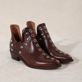MICUIR Punky ankle boots in chocolate leather with silver studs, pair three-quarter view