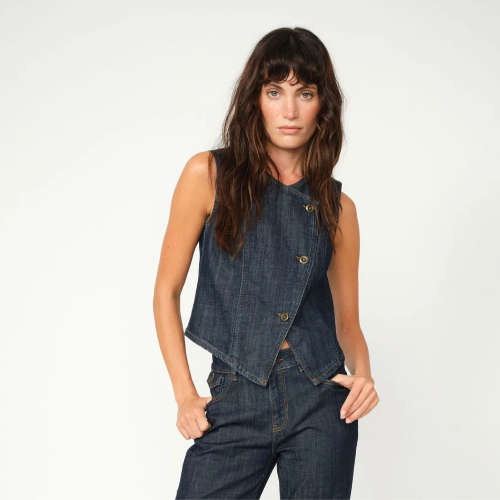 Dark blue MMCeden Nippon denim vest front view on model, sleeveless and buttoned