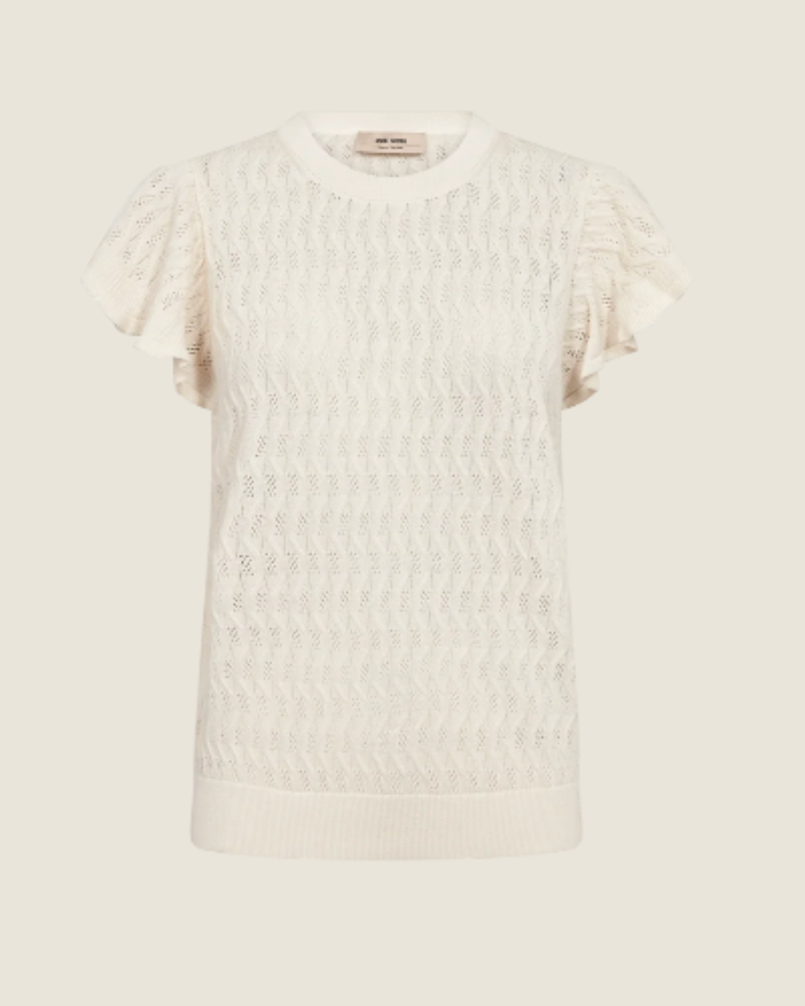 Écru MMGanna pattern O-neck knit top with wave design and ruffle sleeves