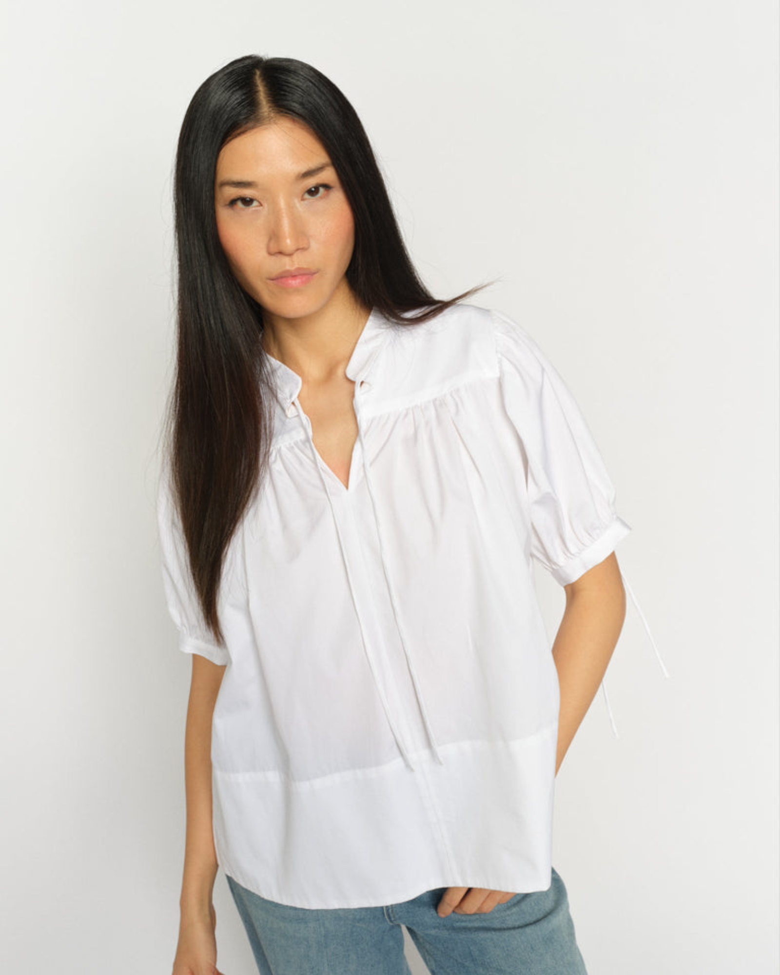 White MMTarima cotton blouse close-up showing band collar and sleeve details