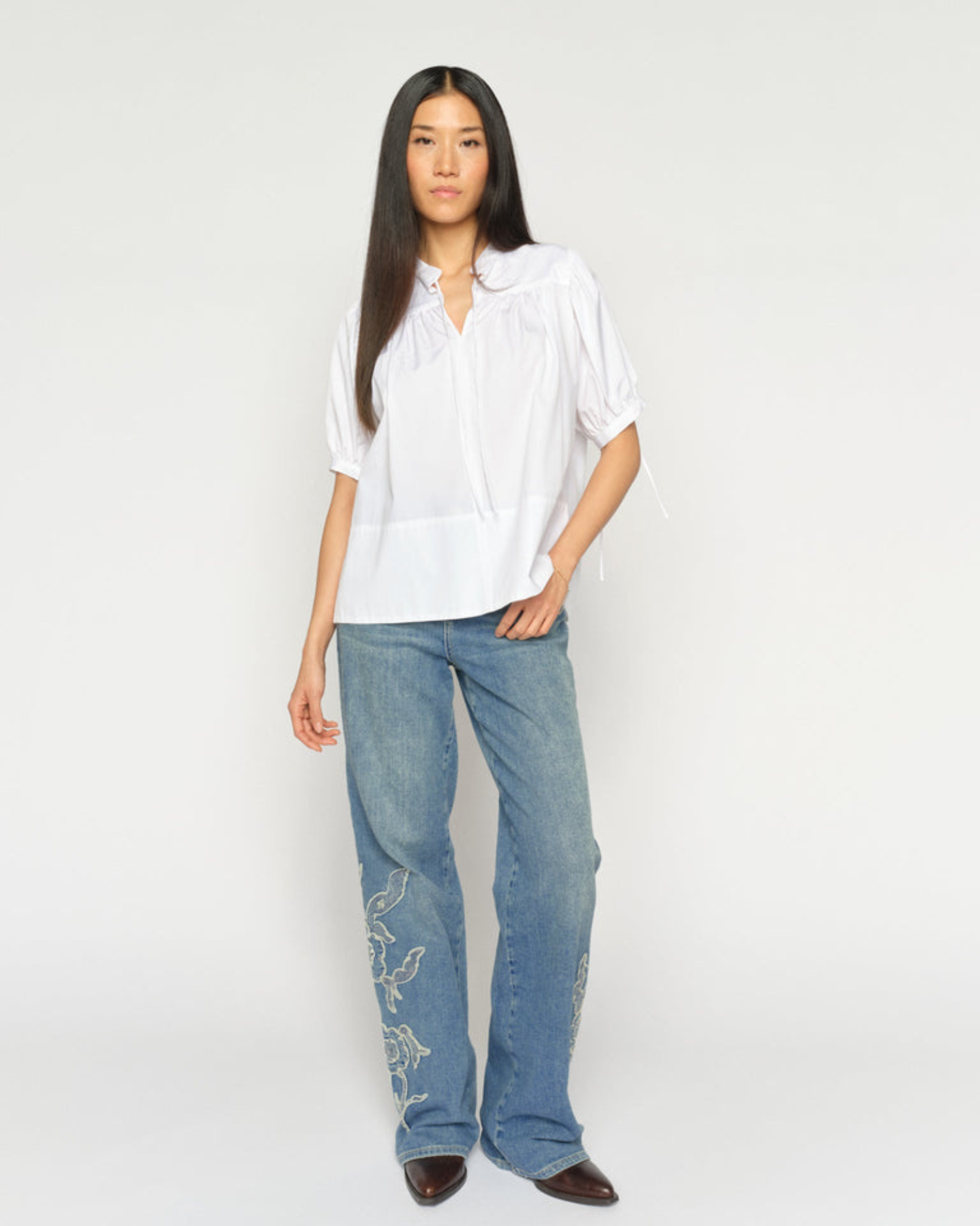 White MMTarima cotton blouse with band collar, front view on model