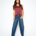 MOS MOSH Astrid round-neck silk satin tank top in Port Royale, worn by a model, front view