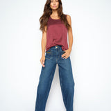 MOS MOSH Astrid round-neck silk satin tank top in Port Royale, worn by a model, front view