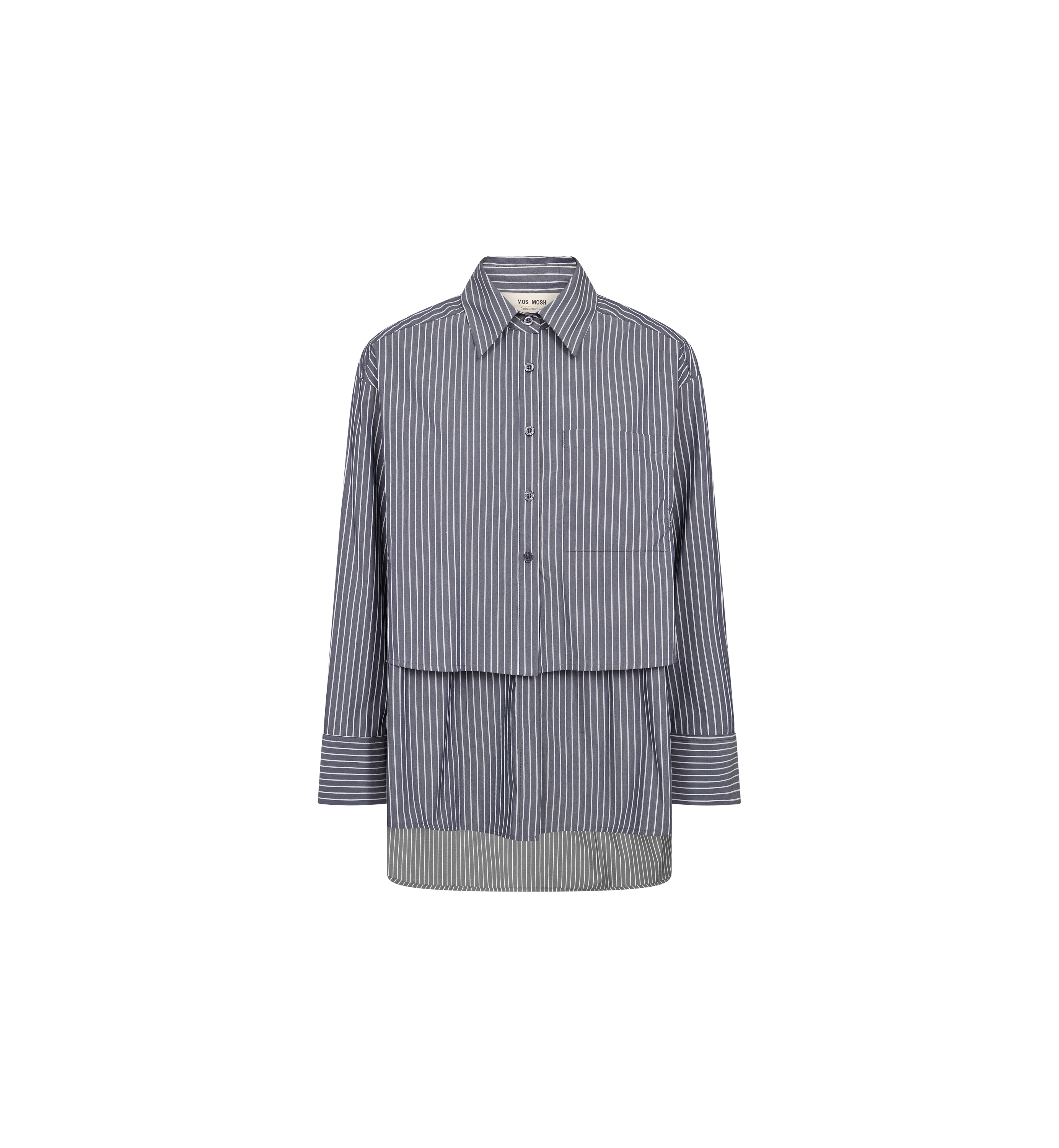 MOS MOSH Barb oversized navy striped shirt with classic collar, front view