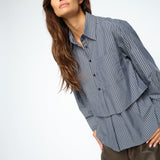 MOS MOSH Barb oversized navy striped shirt with classic collar, worn by a model, front view