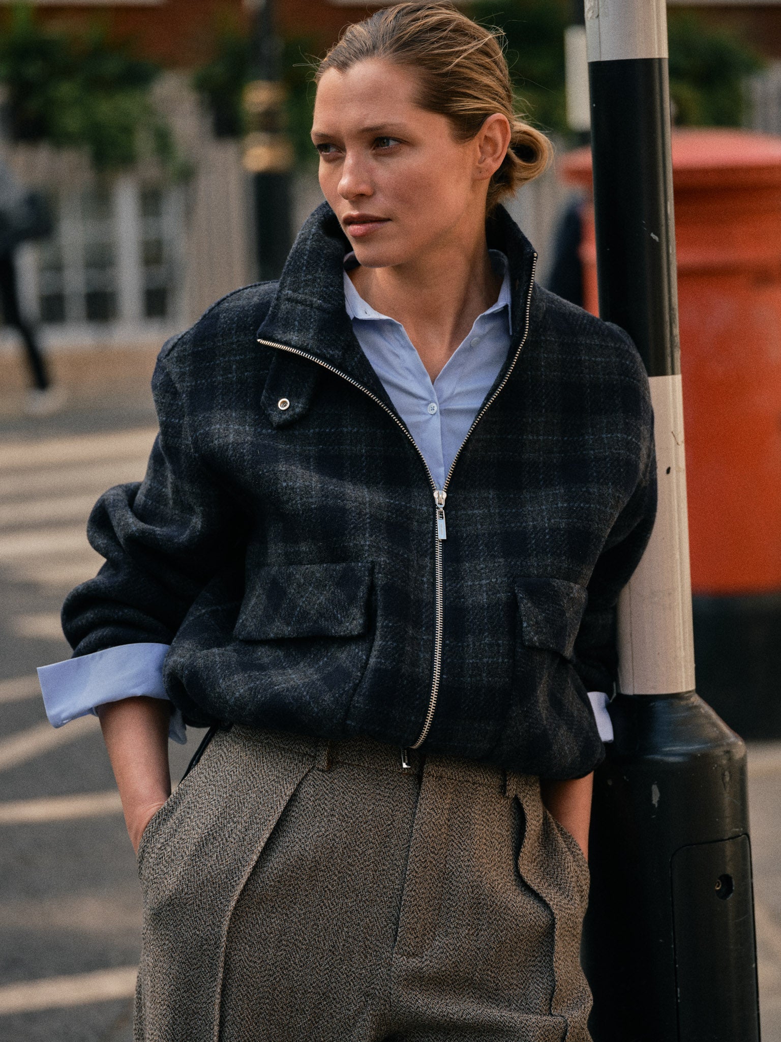 MOS MOSH Camille oversized navy checked wool-blend bomber jacket, worn by a model