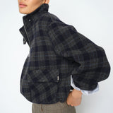 MOS MOSH Camille oversized navy checked wool-blend bomber jacket, worn by a model, front view