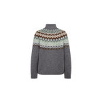 MOS MOSH Daya Fjord high-neck jumper in mottled grey with a sage, cream and brown jacquard yoke, back view