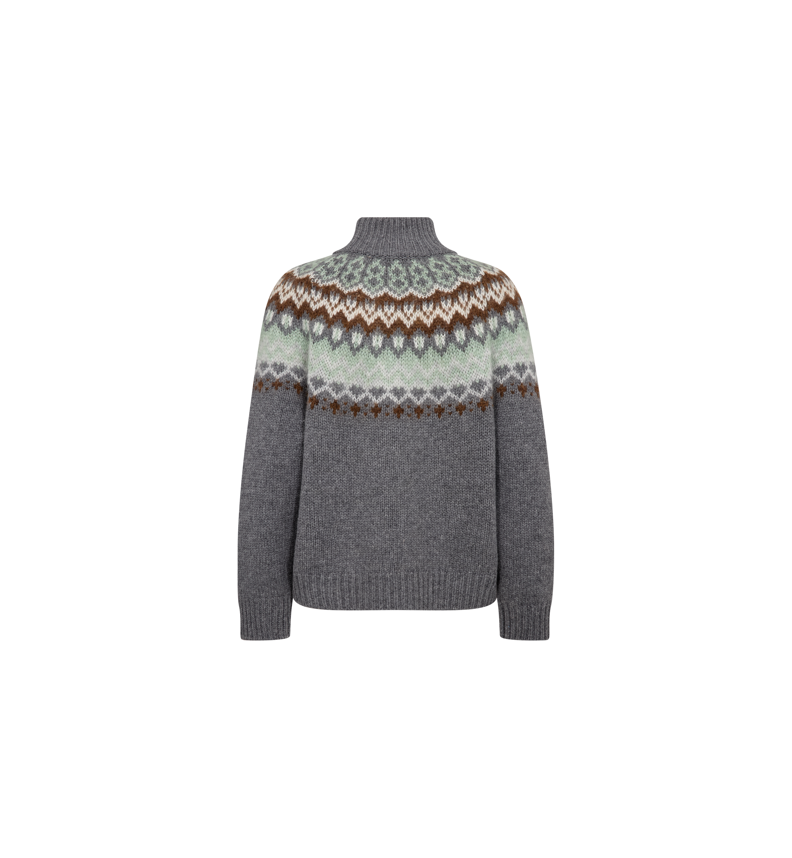 MOS MOSH Daya Fjord high-neck jumper in mottled grey with a sage, cream and brown jacquard yoke, back view