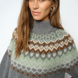 MOS MOSH Daya Fjord high-neck jumper in mottled grey with a sage, cream and brown jacquard yoke, close-up detail