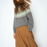 MOS MOSH Daya Fjord high-neck jumper in mottled grey with a sage, cream and brown jacquard yoke, close-up detail