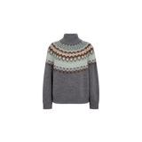 MOS MOSH Daya Fjord high-neck jumper in mottled grey with a sage, cream and brown jacquard yoke, front view