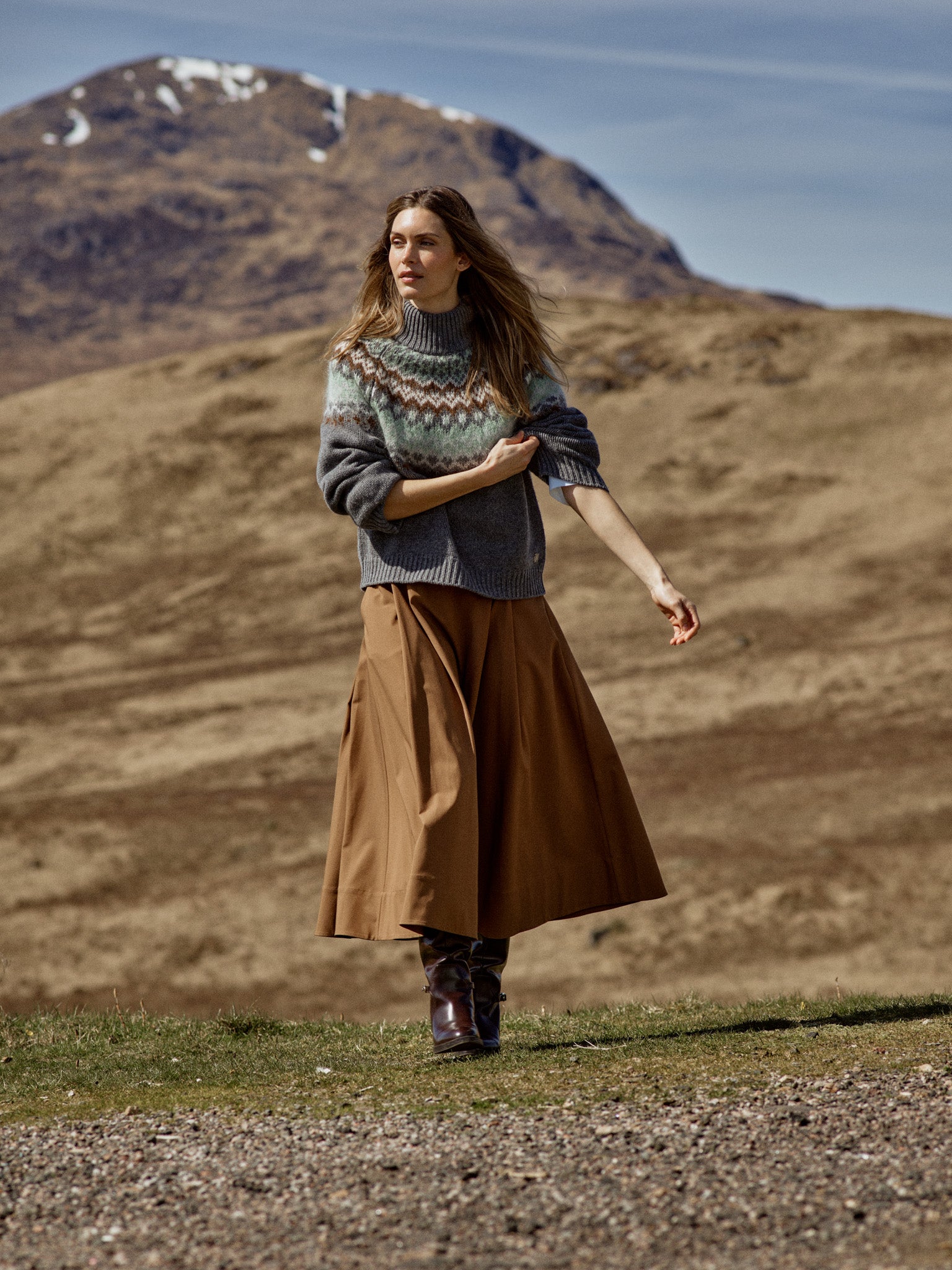 MOS MOSH Daya Fjord high-neck jumper in mottled grey with a sage, cream and brown jacquard yoke, lifestyle shot