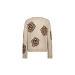 MOS MOSH Drea Popli round-neck jumper with brown jacquard roses on mottled beige, back view