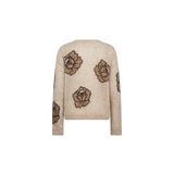 MOS MOSH Drea Popli round-neck jumper with brown jacquard roses on mottled beige, back view