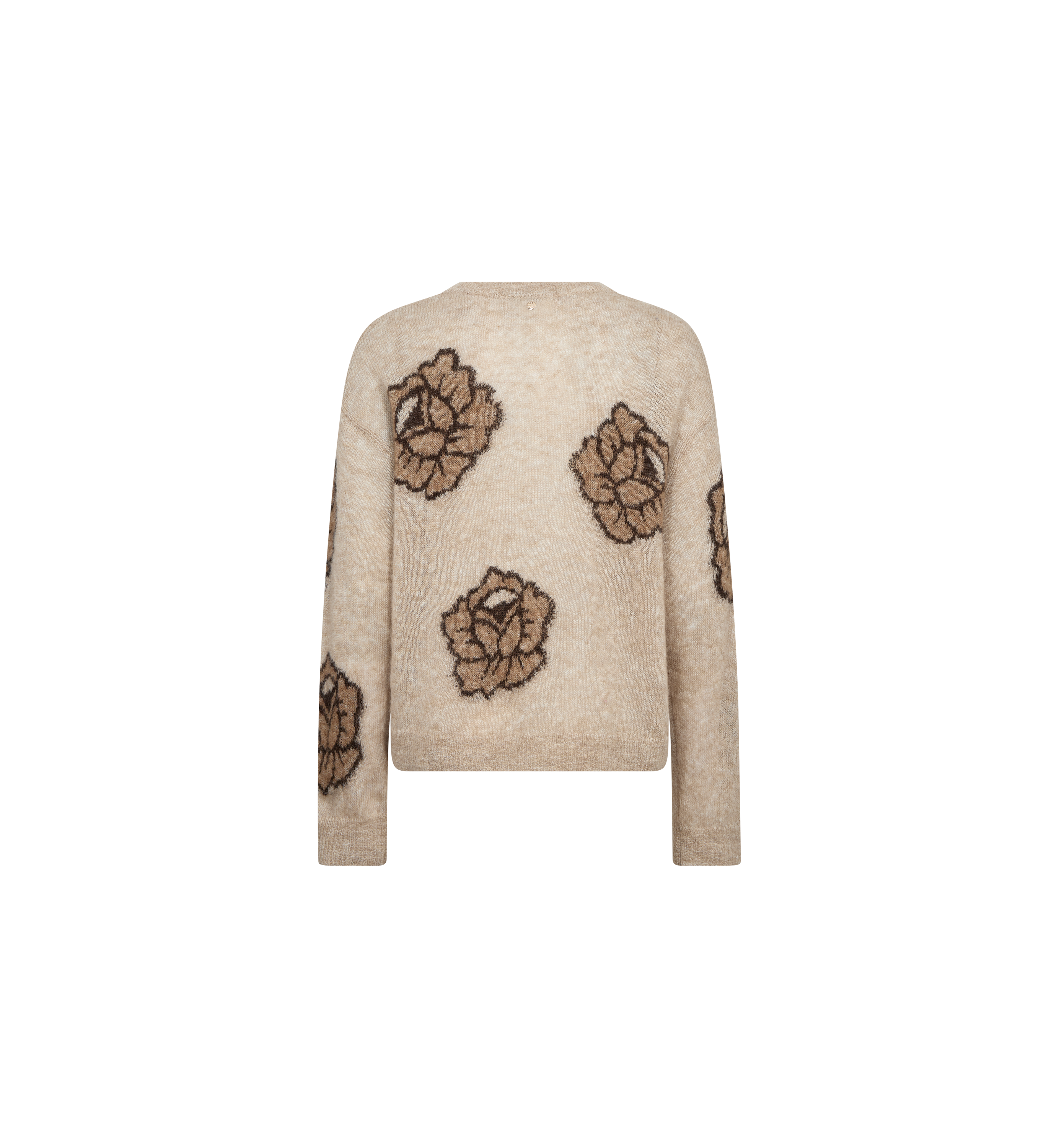 MOS MOSH Drea Popli round-neck jumper with brown jacquard roses on mottled beige, back view