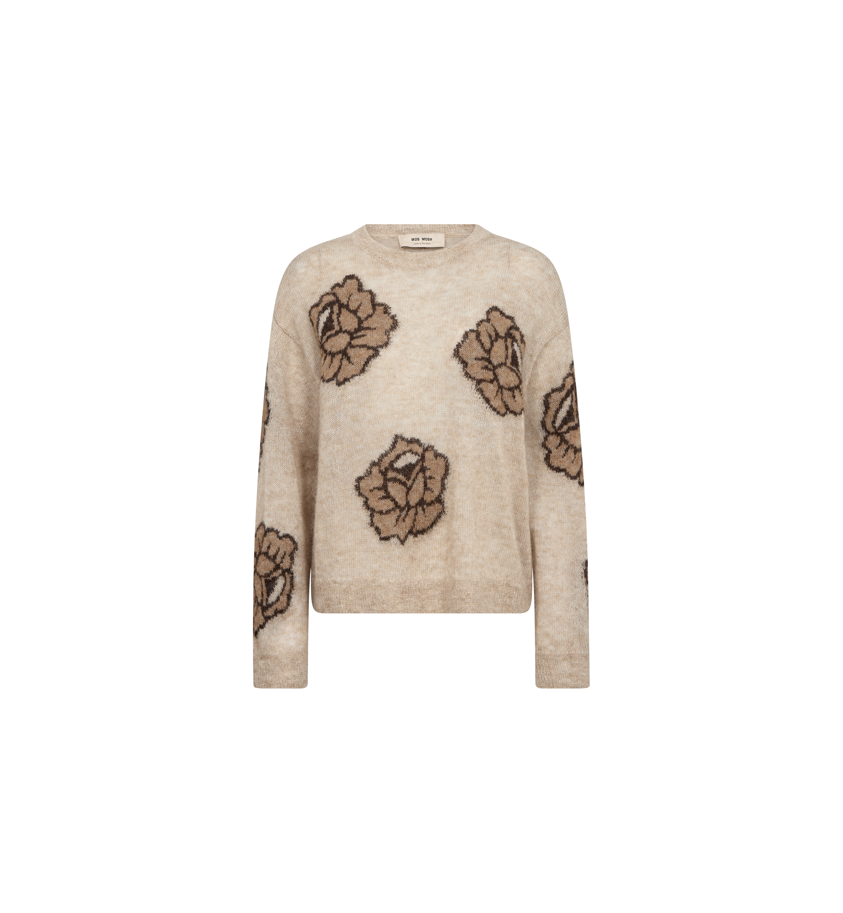 MOS MOSH Drea Popli round-neck jumper with brown jacquard roses on mottled beige, front view