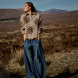 MOS MOSH Drea Popli round-neck jumper with brown jacquard roses on mottled beige, lifestyle shot