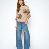 MOS MOSH Drea Popli round-neck jumper with brown jacquard roses on mottled beige