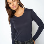MOS MOSH Mali boat-neck long-sleeve tee in Salute Navy, worn by a model, front view