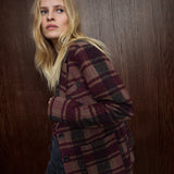 MOS MOSH Manja Comi oversized blazer in burgundy and pink check, worn by a model, front view