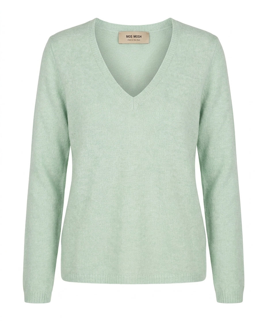 MOS MOSH Mape Sophia light V-neck jumper in Frosty Green, front view